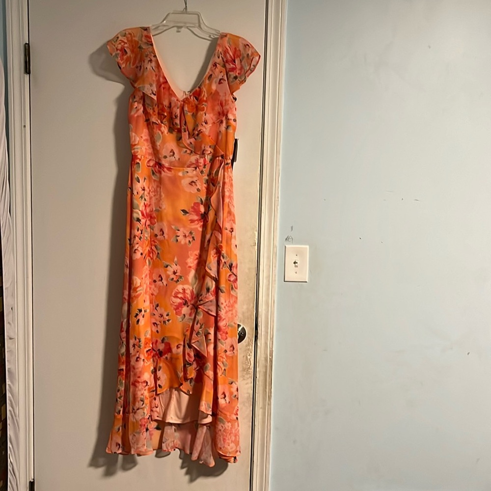 London Times 10 Orange, Pink Floral Sleeveless High Low Dress